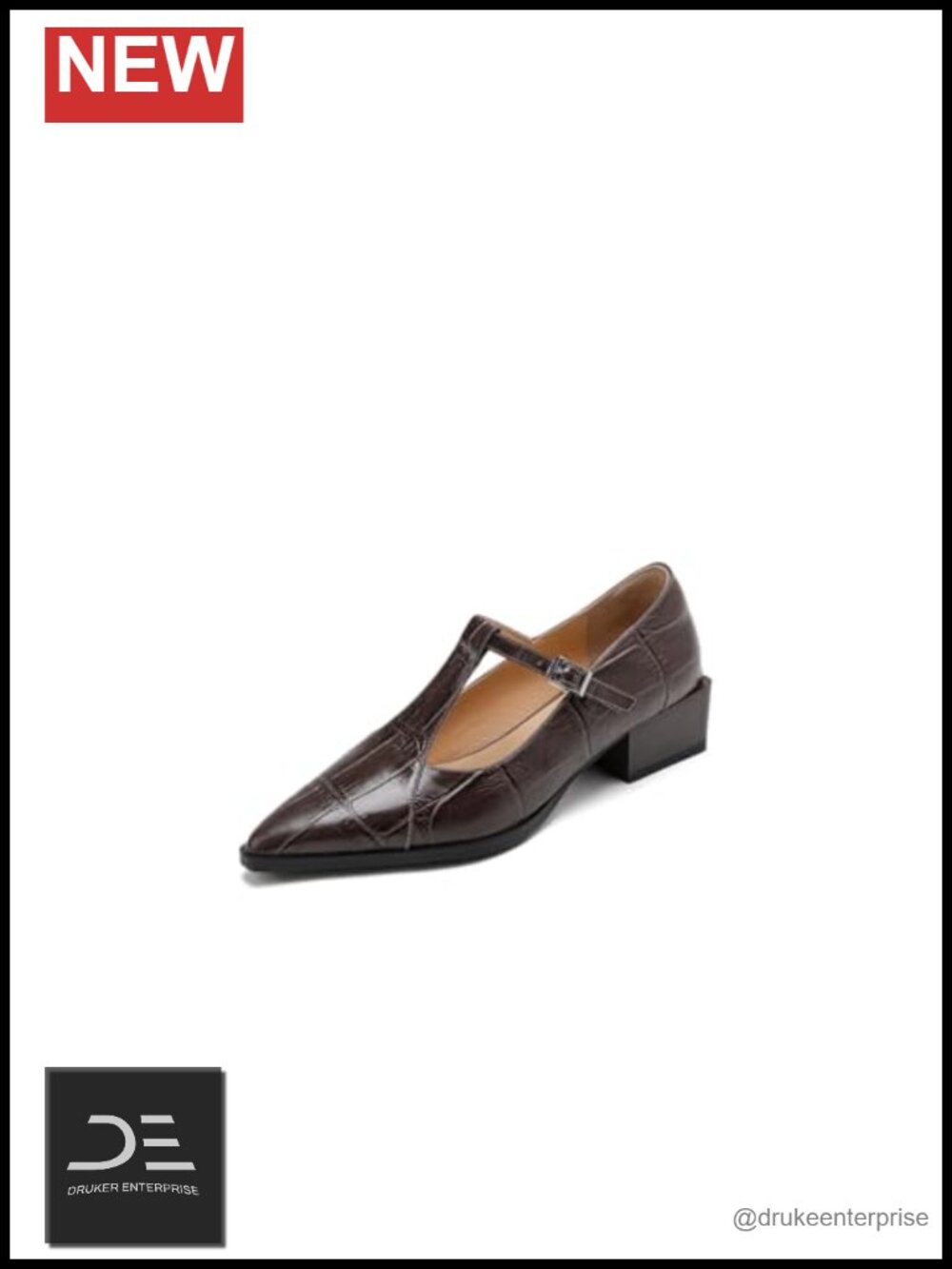 Handmade Leather Pointed Toe T-Strap Buckle Chunky Heel Mary Jane Pumps